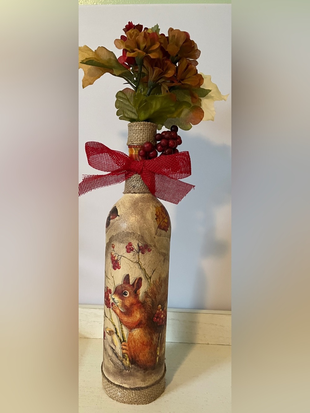 Handcrafted Fall Squirrel Decorative Bottle with Red Bow